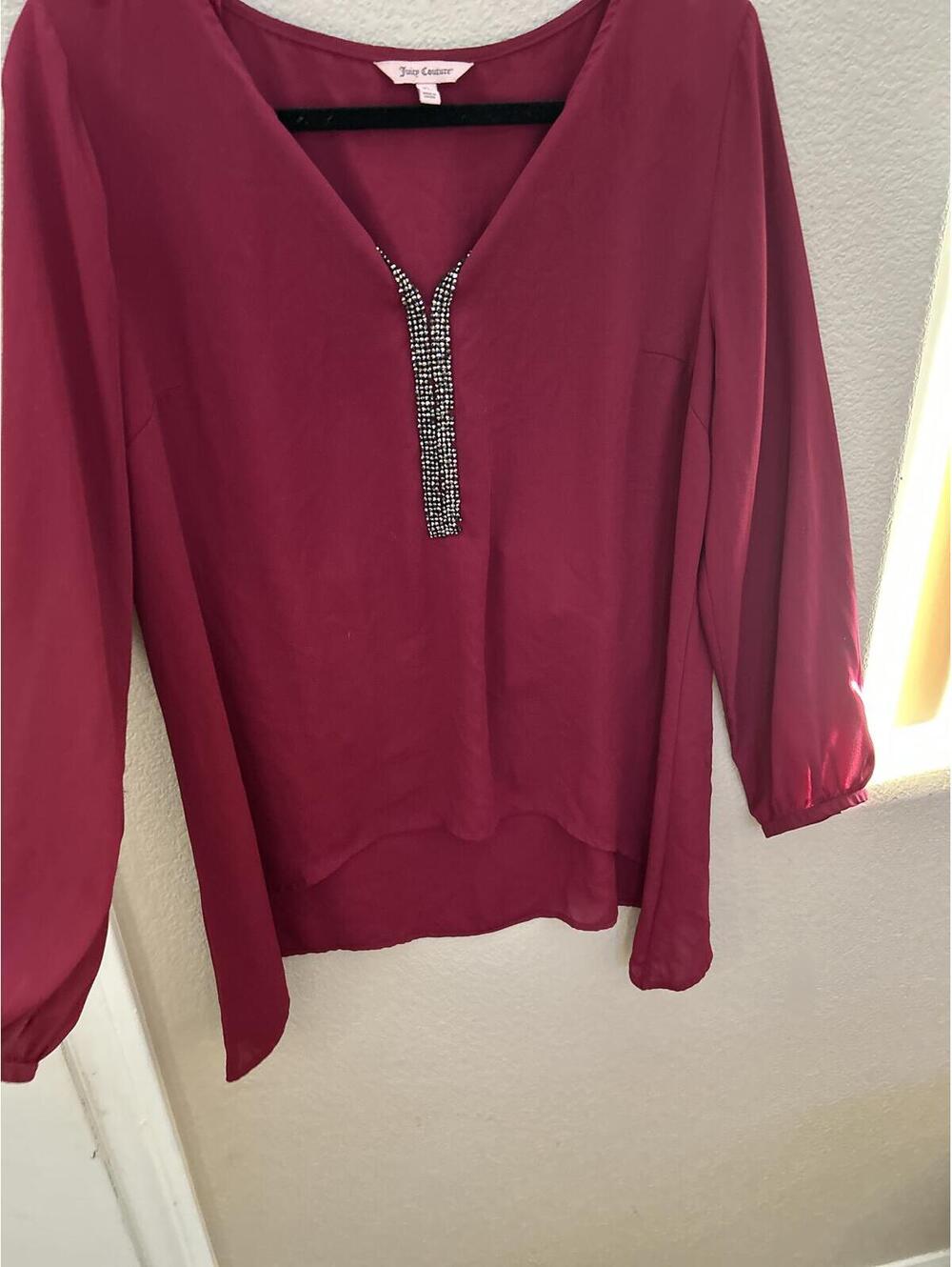Juicy Couture Women's Burgundy Long Sleeve Blouse with Beaded V-Neck Detail XL
